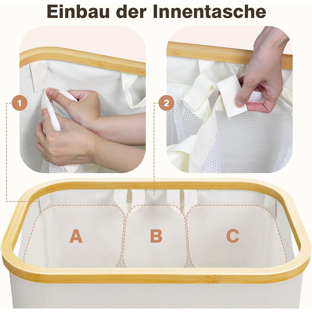 Wäschekorb mit Deckel 160L – 3 Fächer, Stoff & Bambus