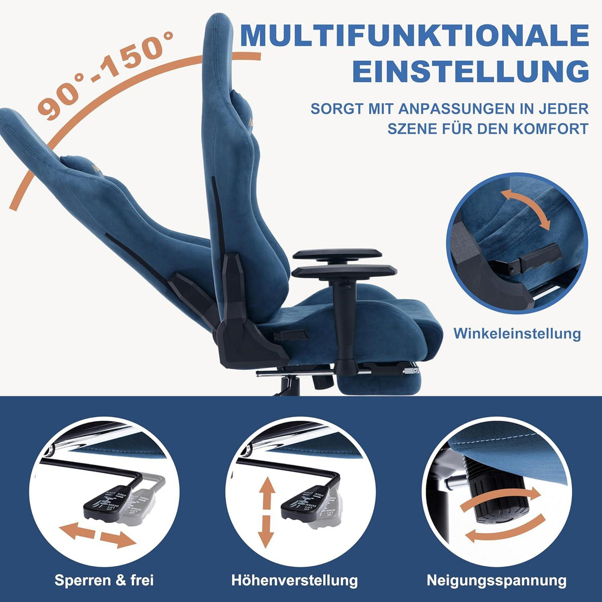 Ergonomischer Gaming Stuhl mit Fußstütze und Lendenkissen Blau