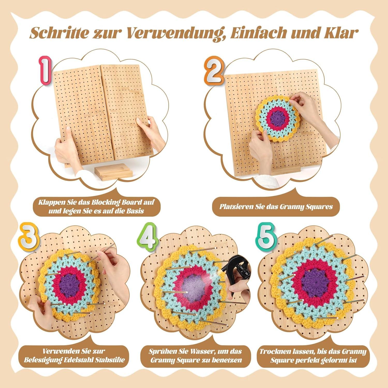 Granny Square Spanner Groß 33x33 cm Blocking Board Häkeln 30 Edelstahl Stabstifte Bambus Spannbrett