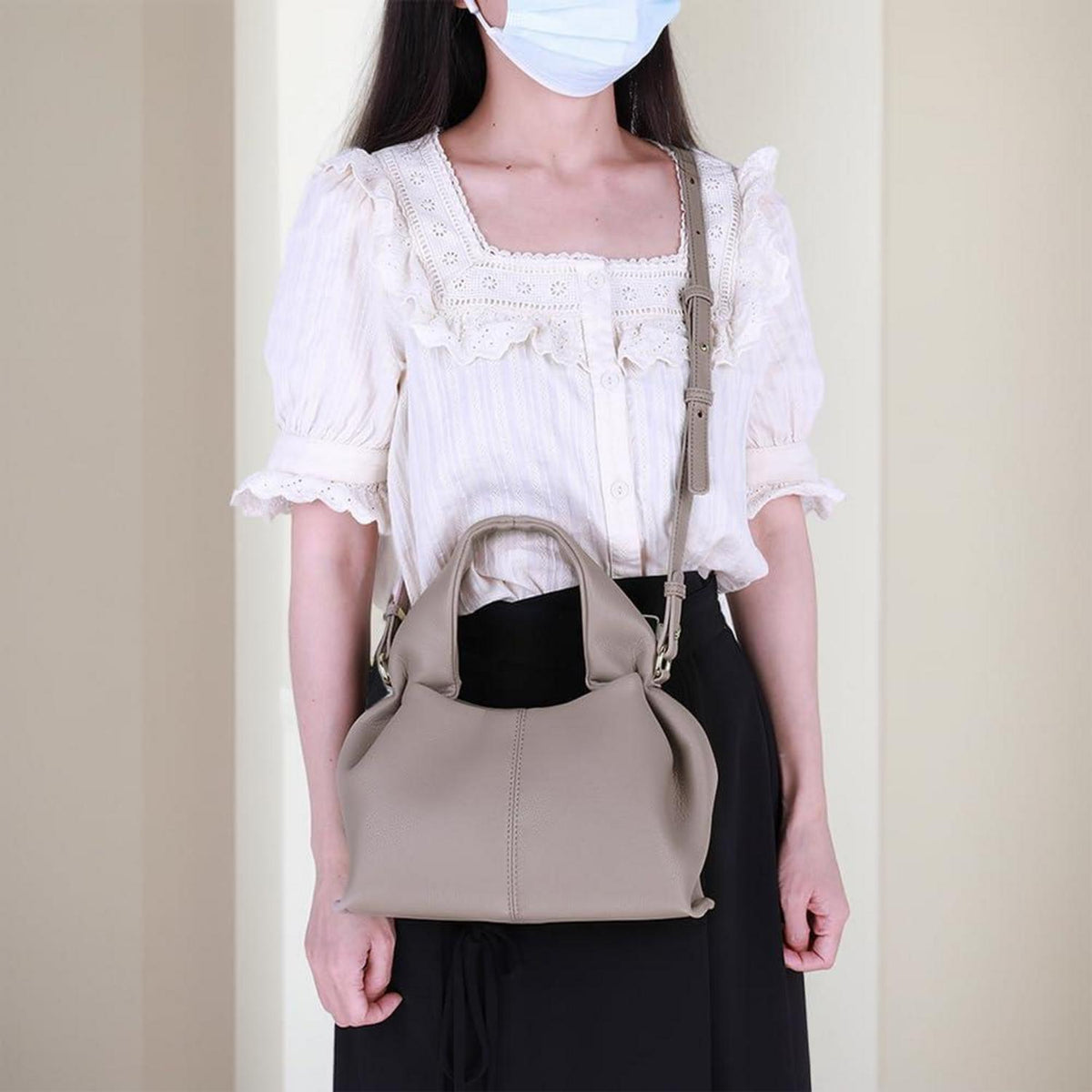 TIAASTAP PU Leder Damen Handtasche Vintage Umhängetasche Einfarbig Grau Kleine Tasche