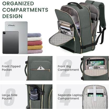 LOVEVOOK Handgepäck Rucksack 40L für Damen, Wasserdicht Reisetasche 17 Zoll Laptop, Travel Backpack Geschäftsreise Wandern Grau Grün