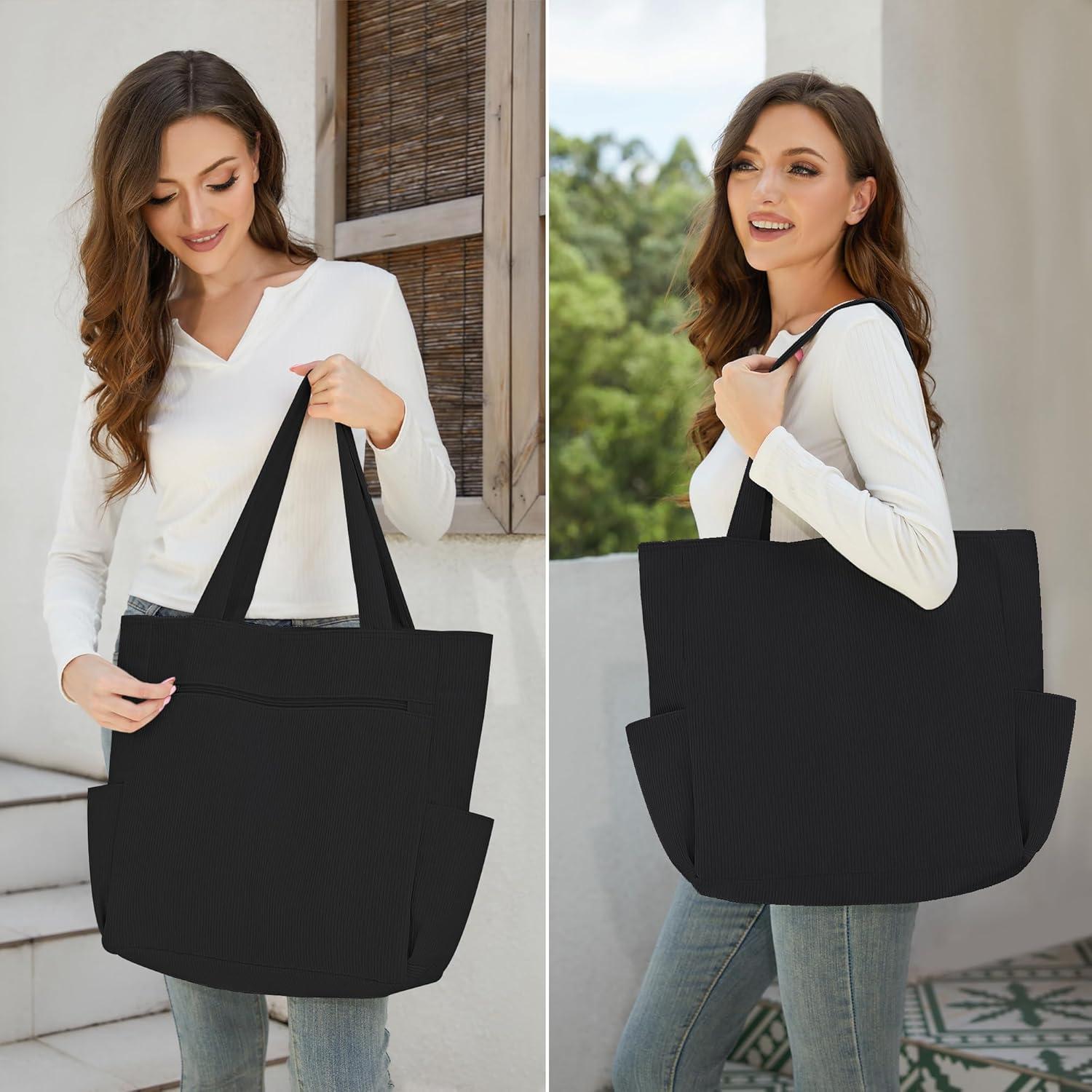 Schwarze Cordury Tote Bag Umhängetasche Reißverschluss Taschen Reisen