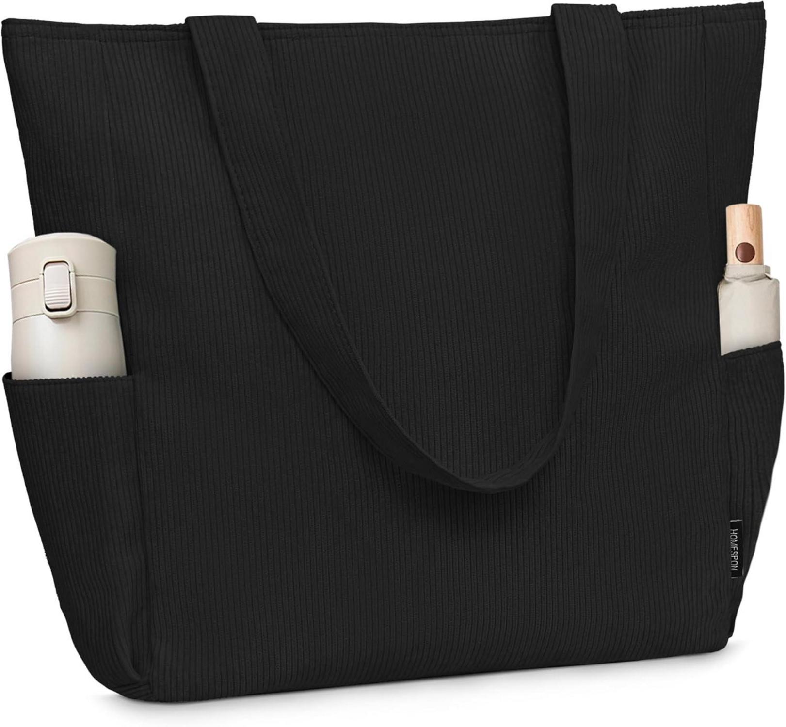 Schwarze Cordury Tote Bag Umhängetasche Reißverschluss Taschen Reisen