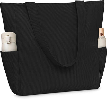 Schwarze Cordury Tote Bag Umhängetasche Reißverschluss Taschen Reisen
