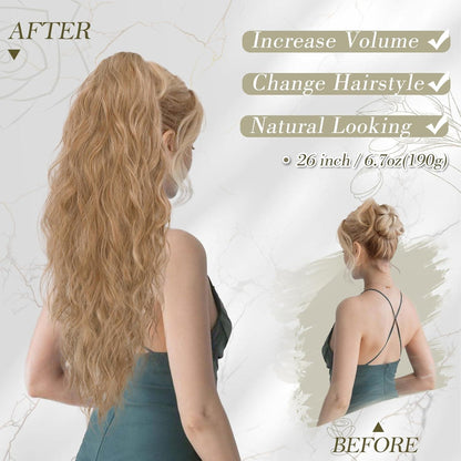 Pferdeschwanz Haarteil Blond 66cm Lang Lockig Wellig Synthetik Zopf Verlängerung Extensions Damen Clip in Ponytail Extension - Gemischt