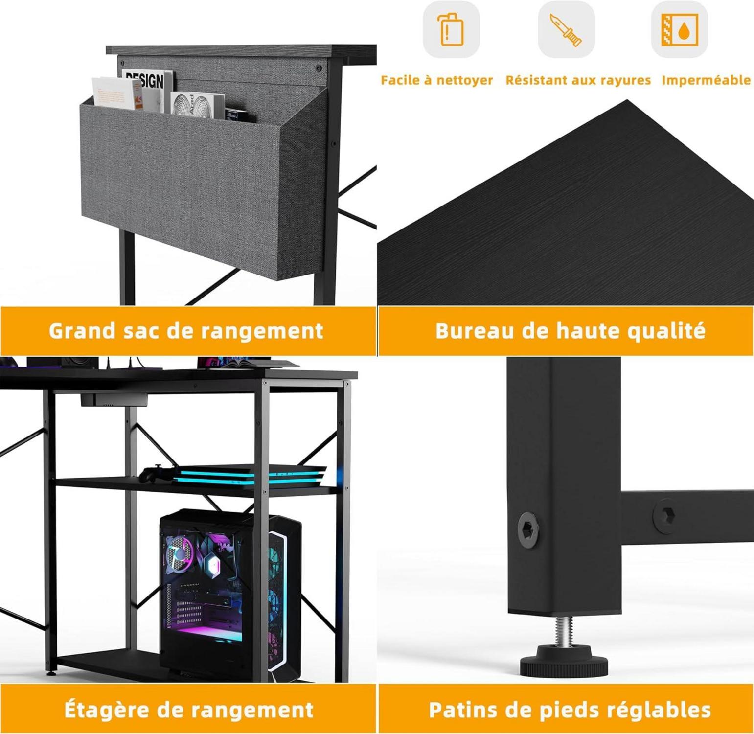 L-förmiger Gaming Schreibtisch mit Ablagefächern - 120x70 cm Schwarz