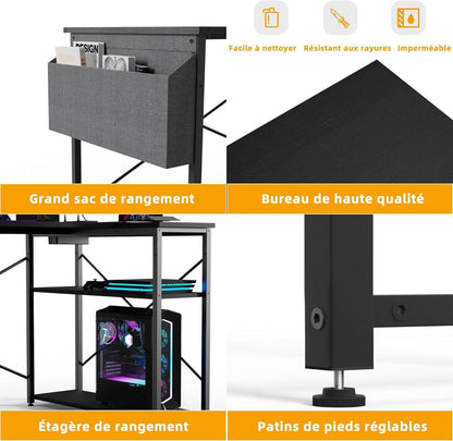 L-förmiger Gaming Schreibtisch mit Ablagefächern - 120x70 cm Schwarz
