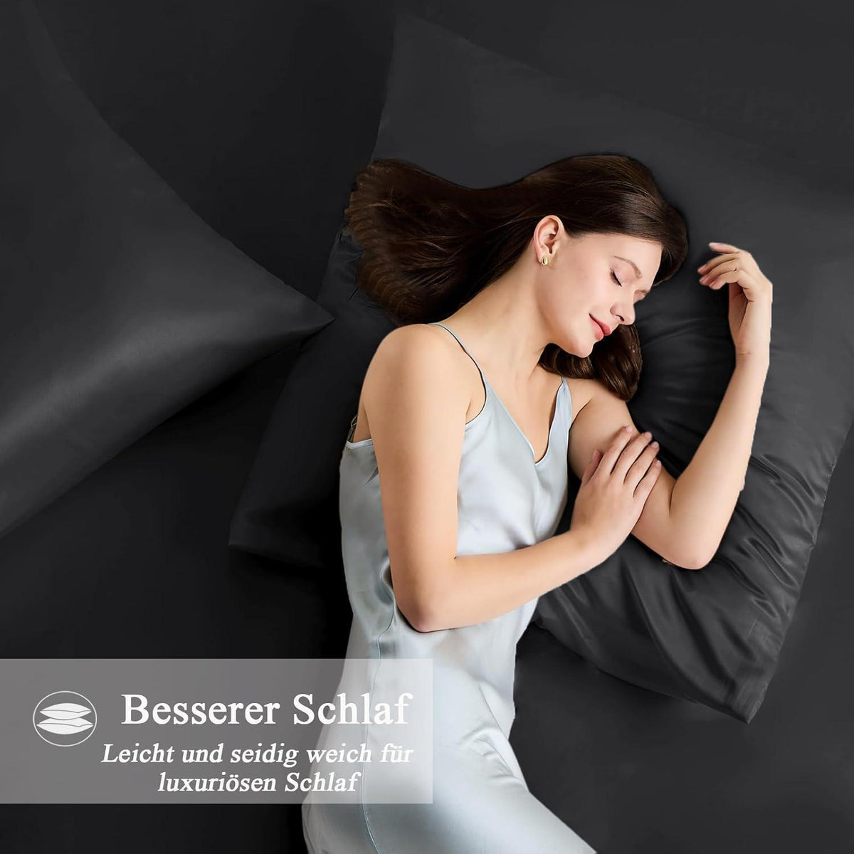 2er Set Satin Kissenbezug 80x80 mit 2 Haargummis, Schwarz