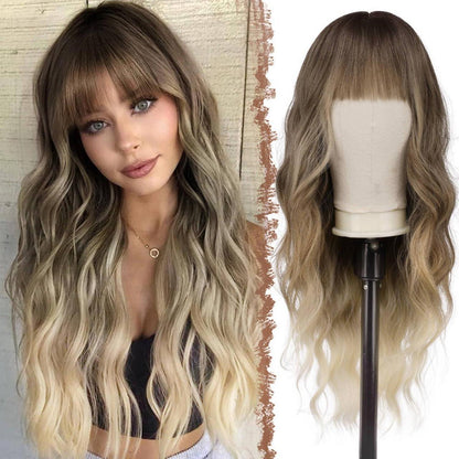 Lange Ombre Perücke mit Pony – Gewellt, Blond-Braun Mix