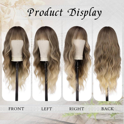 Lange Ombre Perücke mit Pony – Gewellt, Blond-Braun Mix
