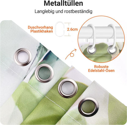 Duschvorhang 180x180cm Blätter Muster Antischimmel mit Ösen und Ringen 1er Pack