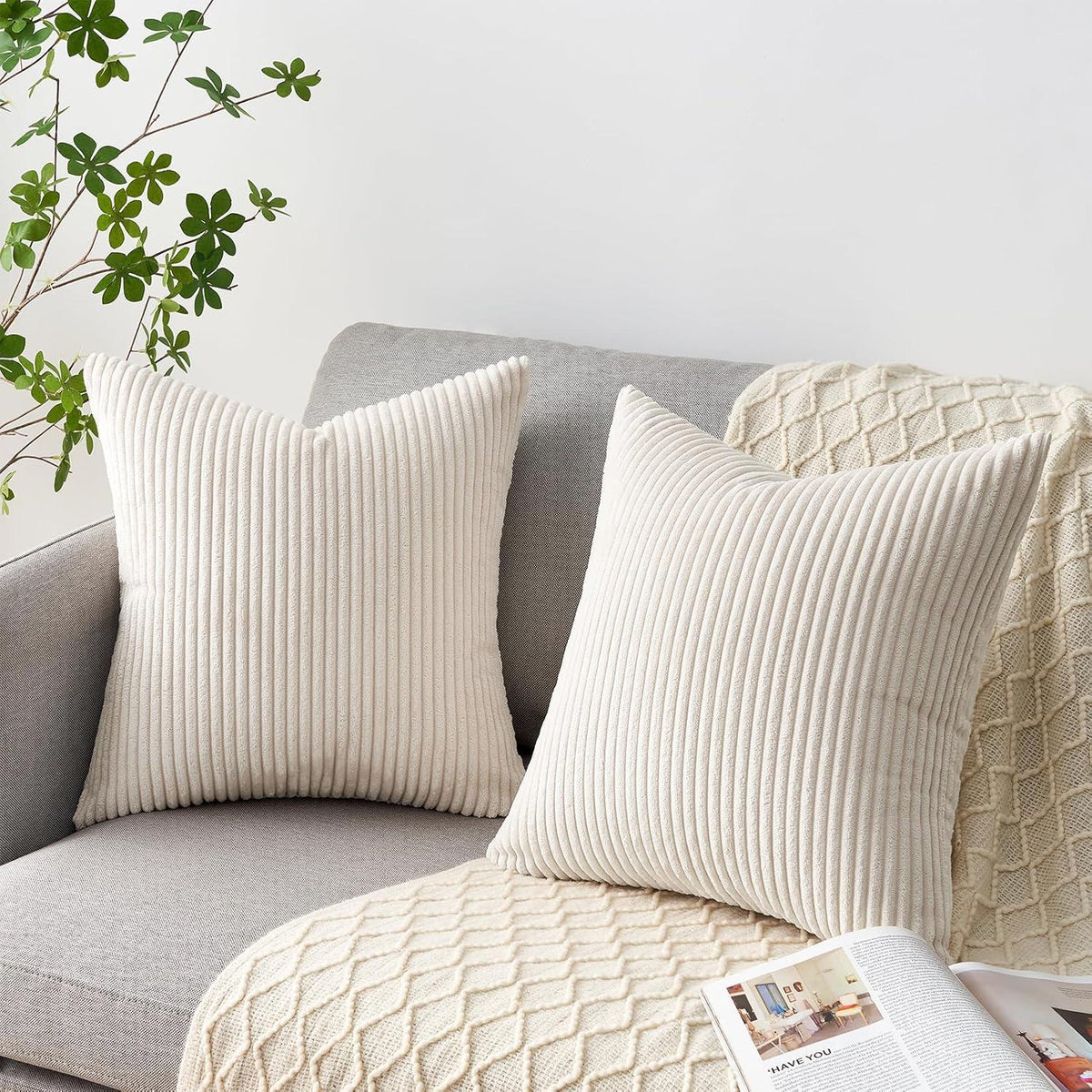 Velvet Decorative Cushion Covers 4-Piece Set 50x50cm Corduroy Cream