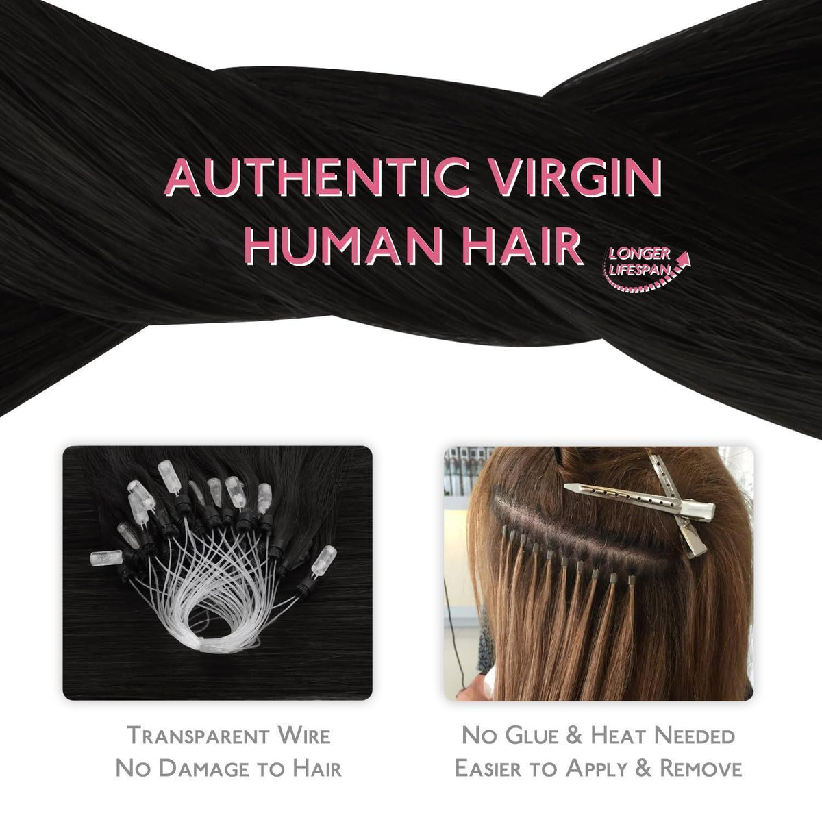 Echthaar Microring Extensions Schwarz 50cm