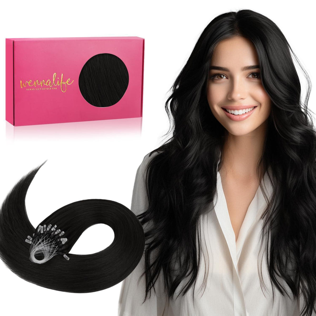Echthaar Microring Extensions Schwarz 50g – Remy Haarverlängerung