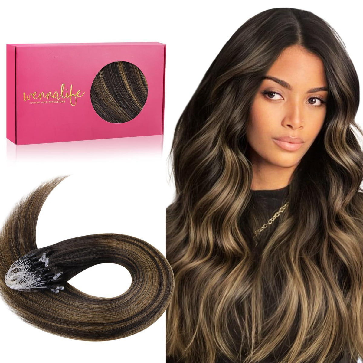 Remy Echthaar Microring Extensions Dunkelbraun Balayage