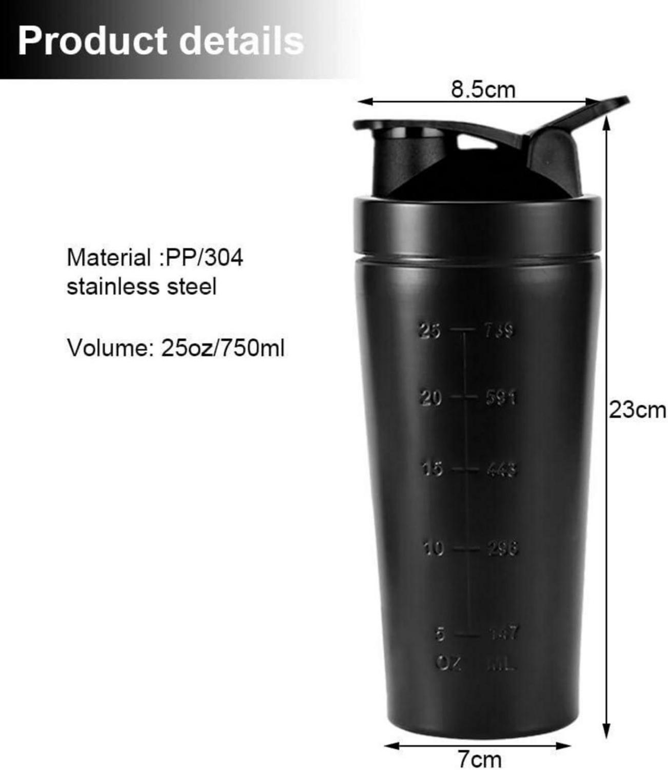 Protein Shaker Edelstahl 750ml Schwarz Auslaufsicher BPA-frei
