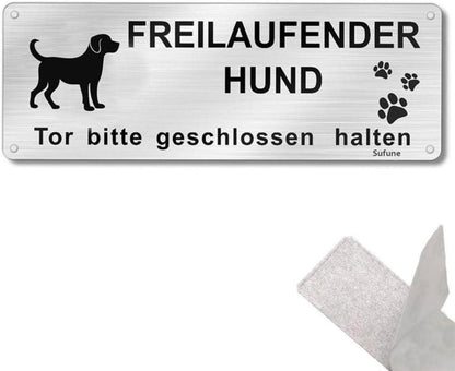 Hundewarnschild Aluminium selbstklebend 25x9cm Silber