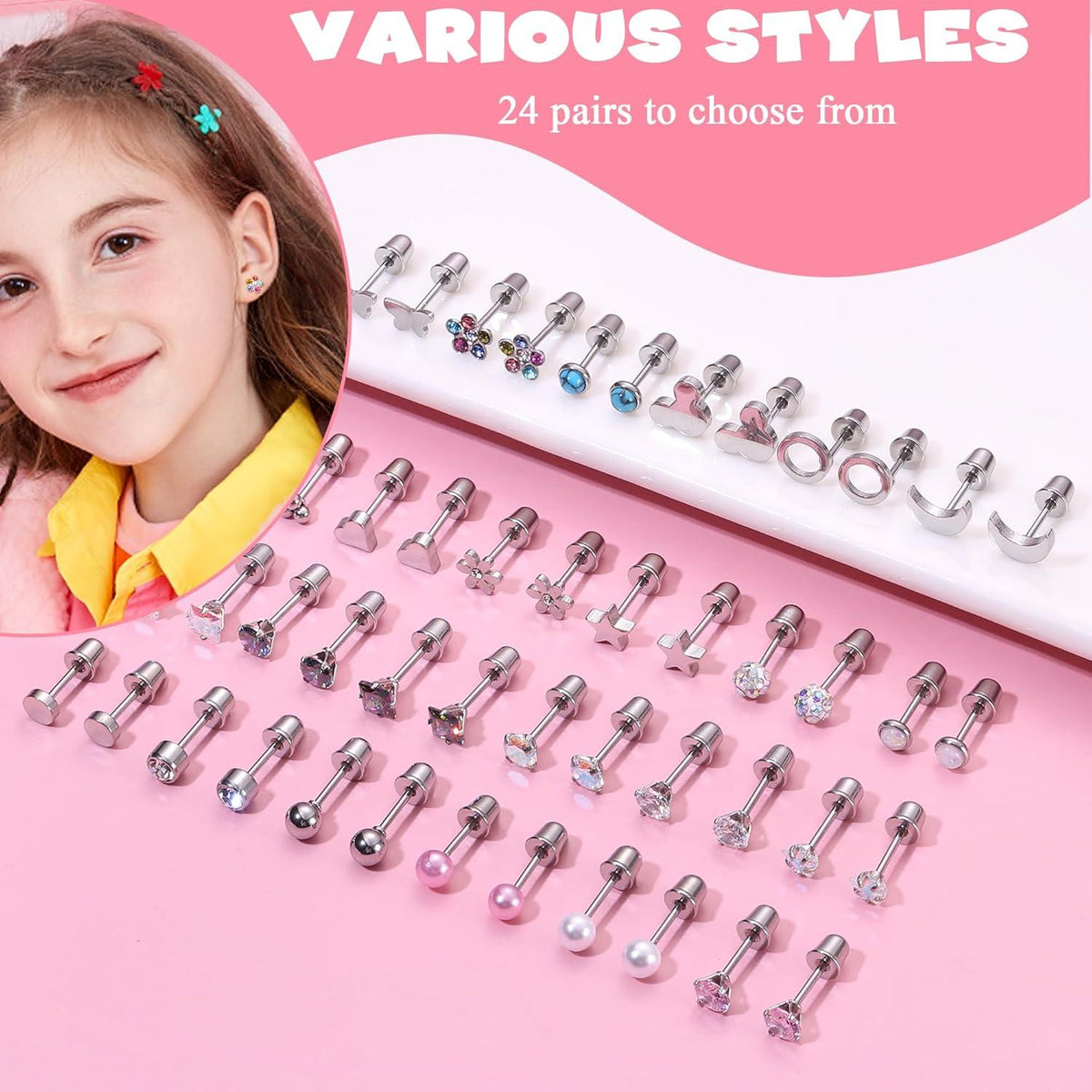 JeweBella 24 Paar Mädchen Damen Ohrringe Chirurgenstahl Zirkonia Herz Schmetterling Perlen Set
