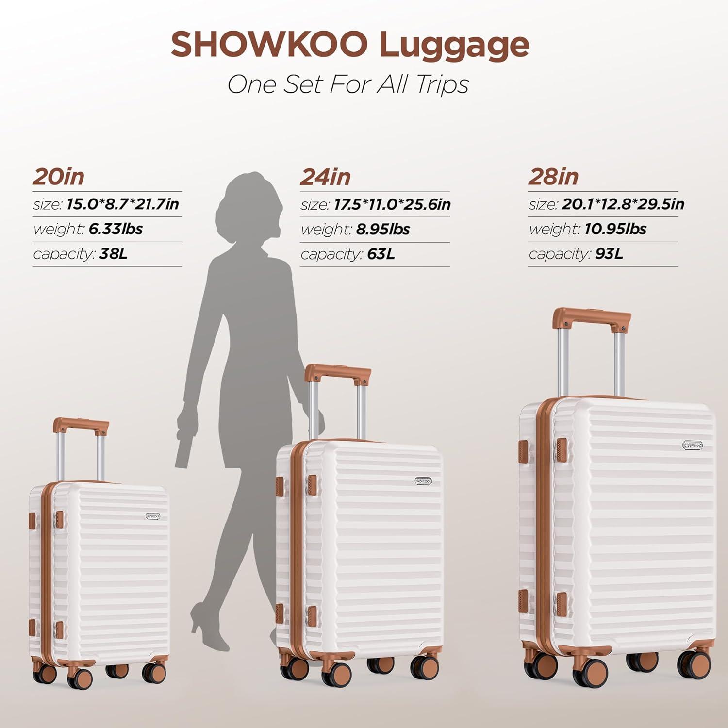 SHOWKOO Kofferset Hartschale 3tlg Erweiterbar PC Leicht Handgepäck 360° Spinner TSA (M L XL -Beige
