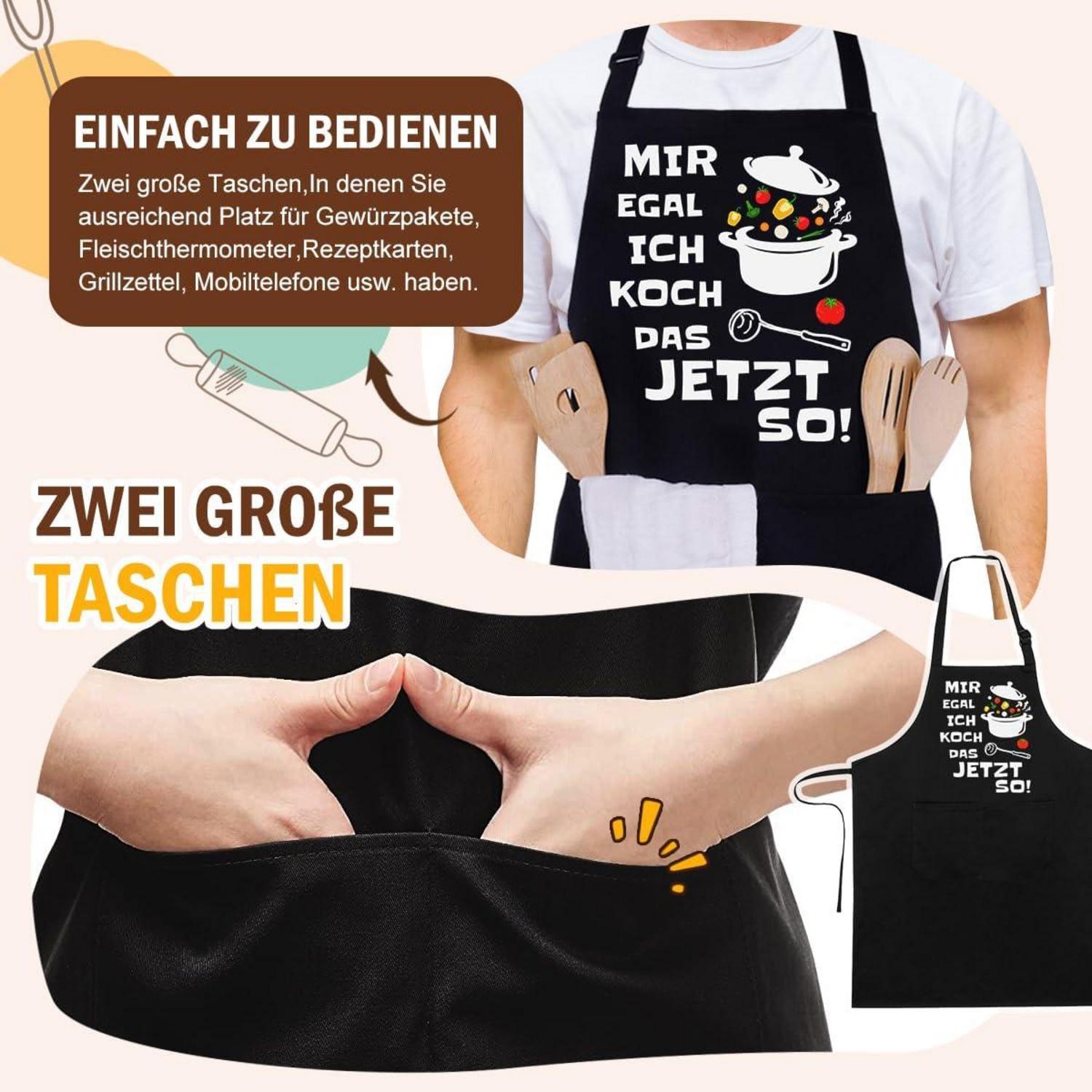 Kochschürze Schwarz Baumwolle mit Taschen und Verstellbarer Nackengurt
