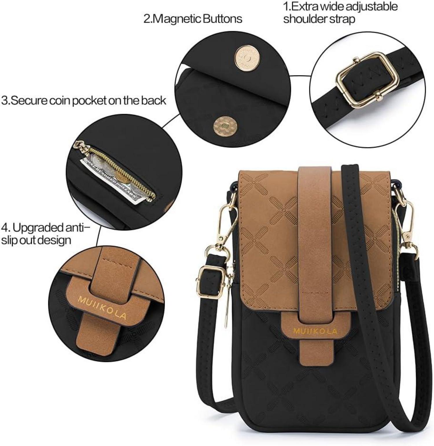 MUIIKOLA Handytasche Damen Leder RFID Umhängetasche groß Schwarzbraun
