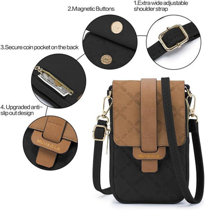 MUIIKOLA Handytasche Damen Leder RFID Umhängetasche groß Schwarzbraun