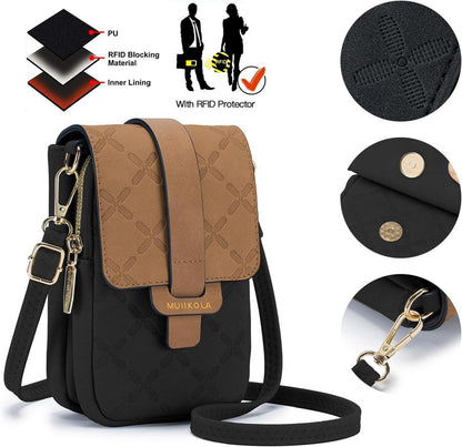 MUIIKOLA Handytasche Damen Leder RFID Umhängetasche groß Schwarzbraun