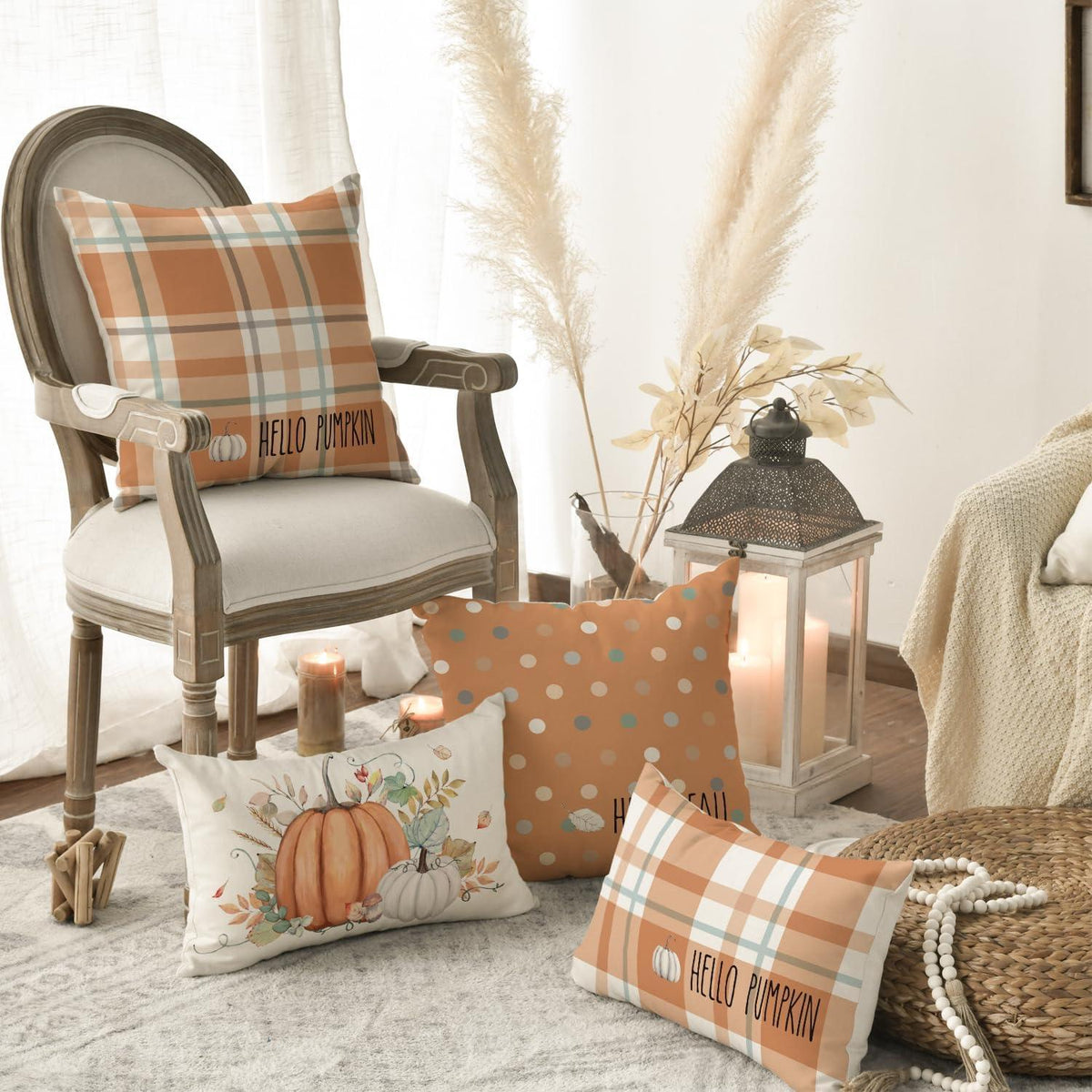 Artoid Orange Eukalyptus Herbst Kürbis Kissenbezüge 4er Set 50x50cm