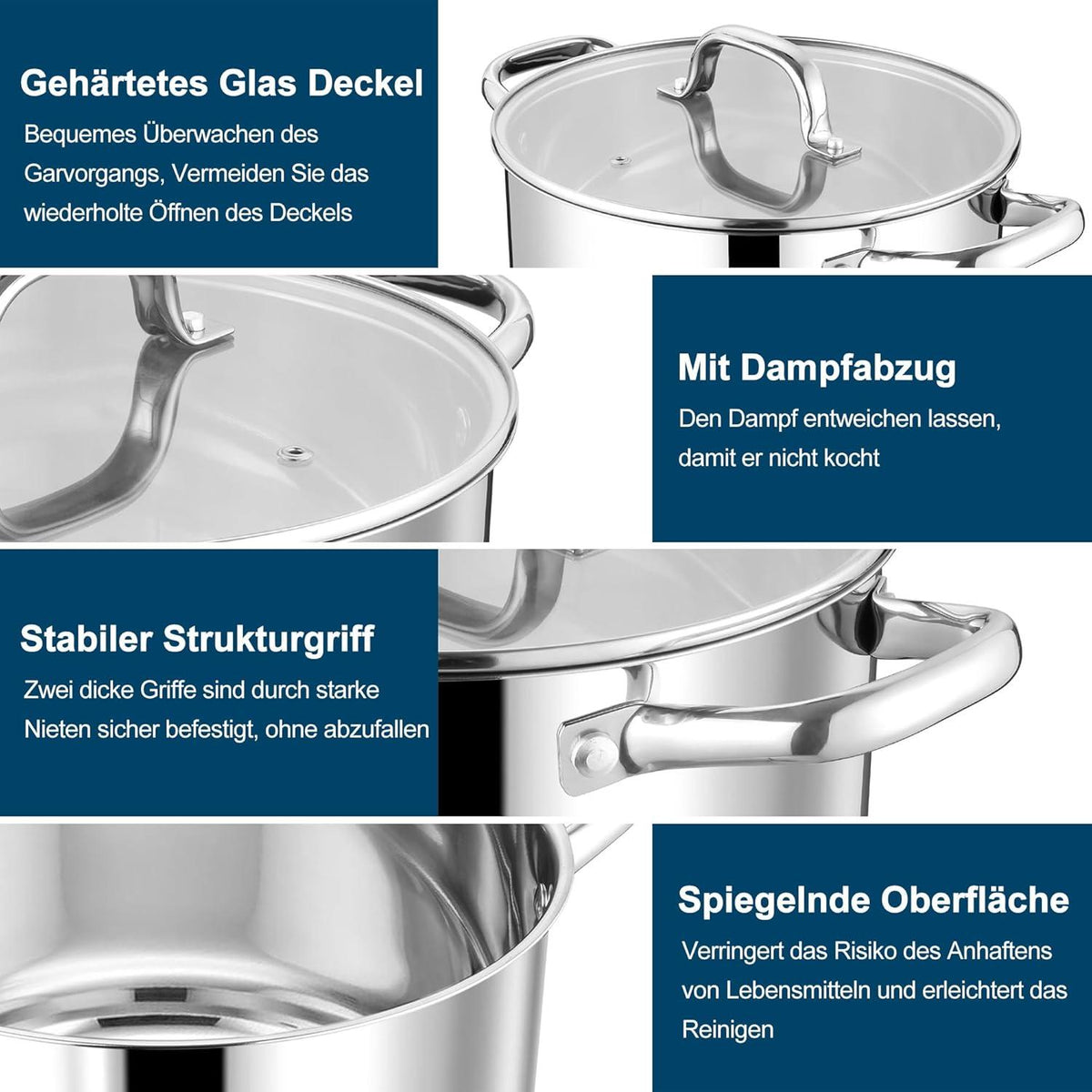 Edelstahl Kochtopf 24cm 5,7L mit Glasdeckel und 3-Lagen Böden