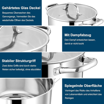Edelstahl Kochtopf 24cm 5,7L mit Glasdeckel und 3-Lagen Böden