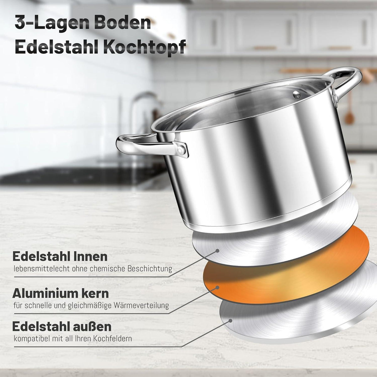 Kochtopf 20cm Edelstahl 3-Lagen Boden Induktion 3,8L mit Glasdeckel