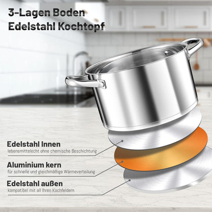 Kochtopf 20cm Edelstahl 3-Lagen Boden Induktion 3,8L mit Glasdeckel