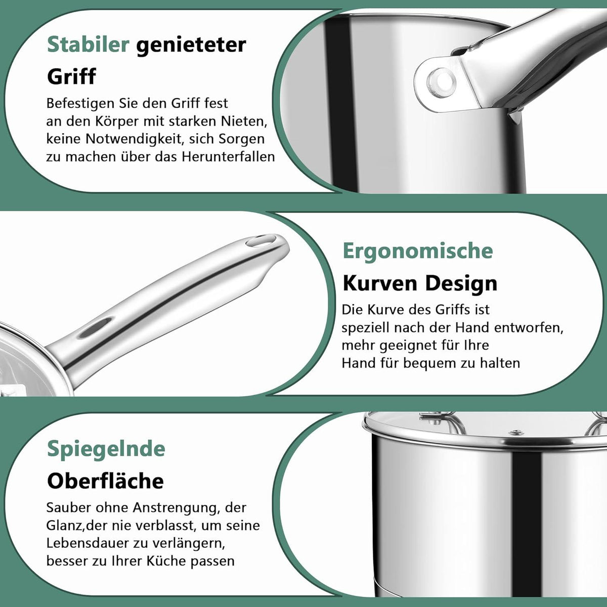 TEAMFAR Stielkasserolle 16cm Edelstahl mit Glasdeckel für alle Herdarten 1,9L