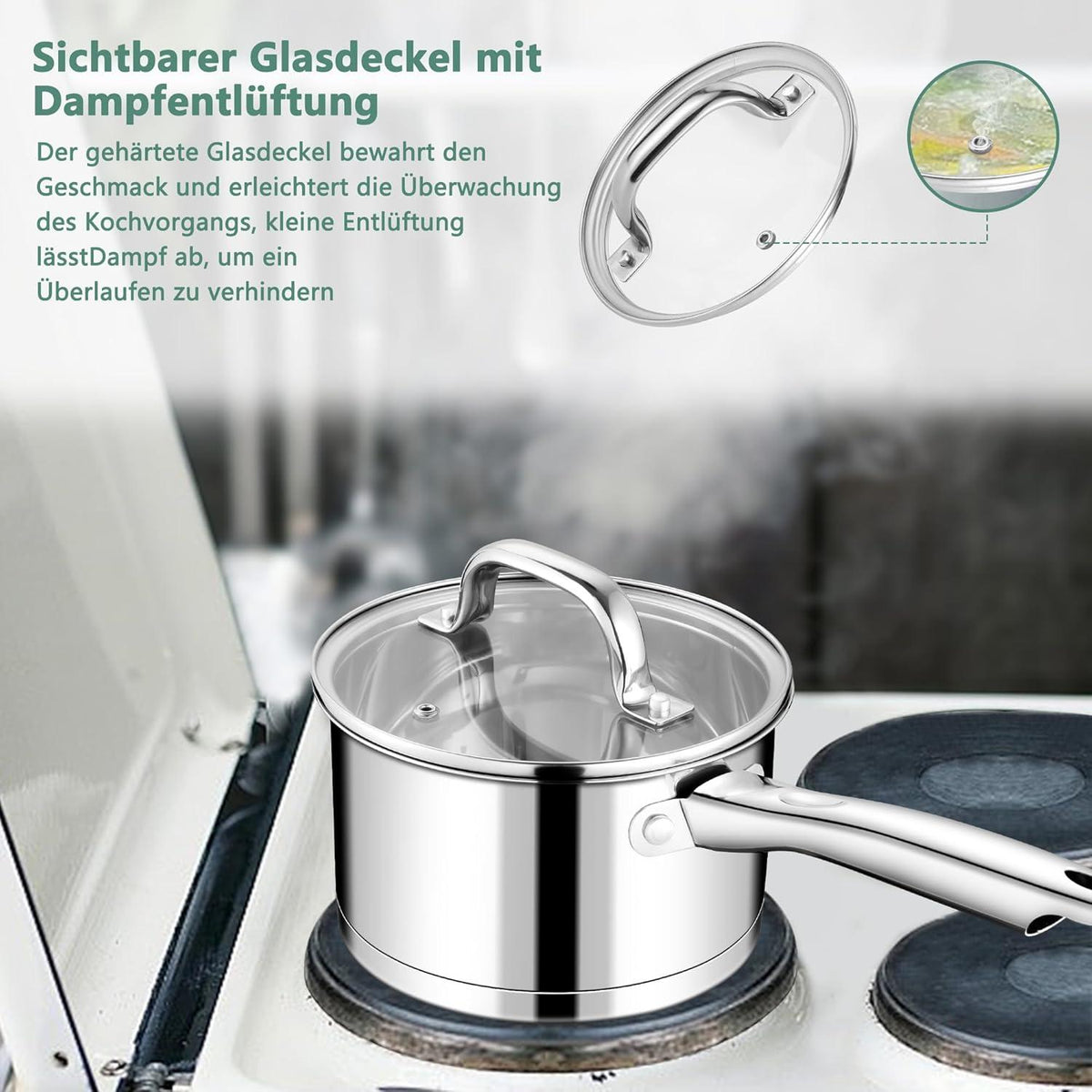 Stielkasserolle 16cm Edelstahl Milchtopf Induktion 3-Lagen Boden 1,9L