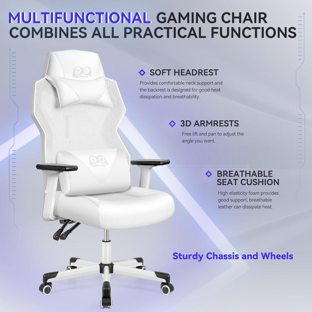 OneGame Gaming Stuhl Weiß, Ergonomisch, Atmungsaktiv, Verstellbar
