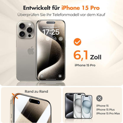 Panzer Schutzglas iPhone 15 Pro 3er-Pack 99,99% HD Vollabdeckung 9H-Härtegrad
