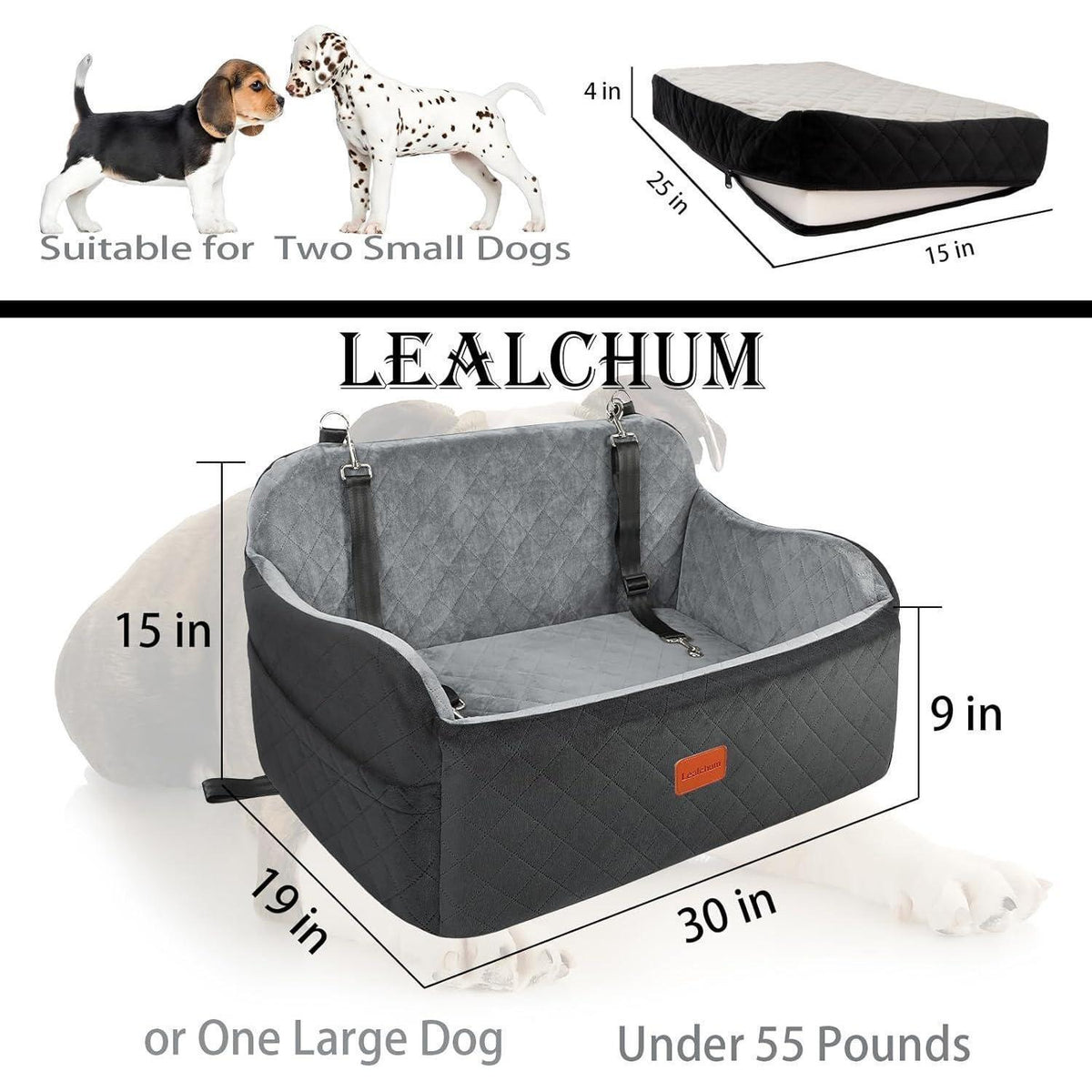 Hundeautositz mit Leine & Taschen – Komfortabel & Sicher (Schwarz/Grau, L)