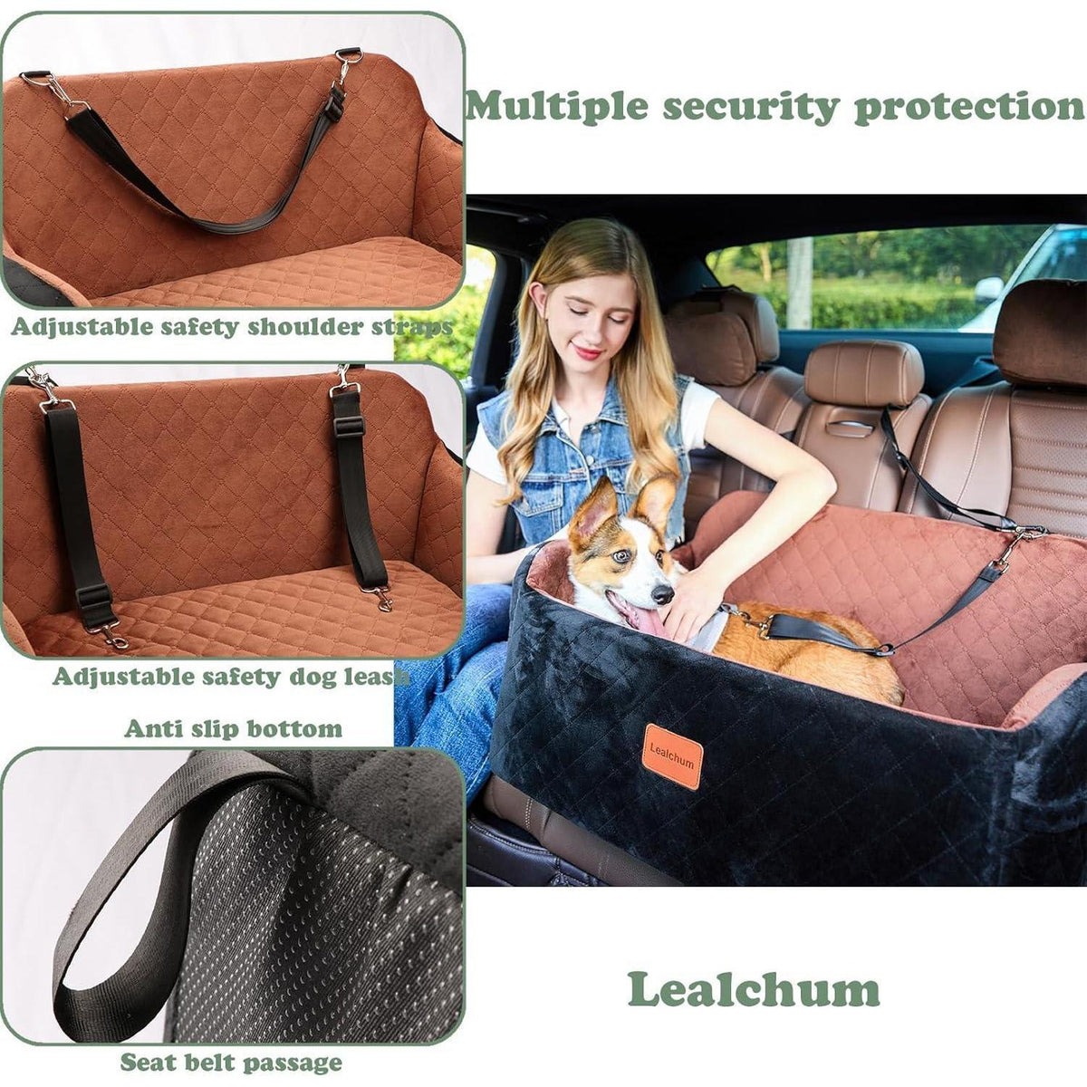 Hundeautositz mit Leine & Taschen – Komfortabel & Sicher (Schwarz/Grau, L)