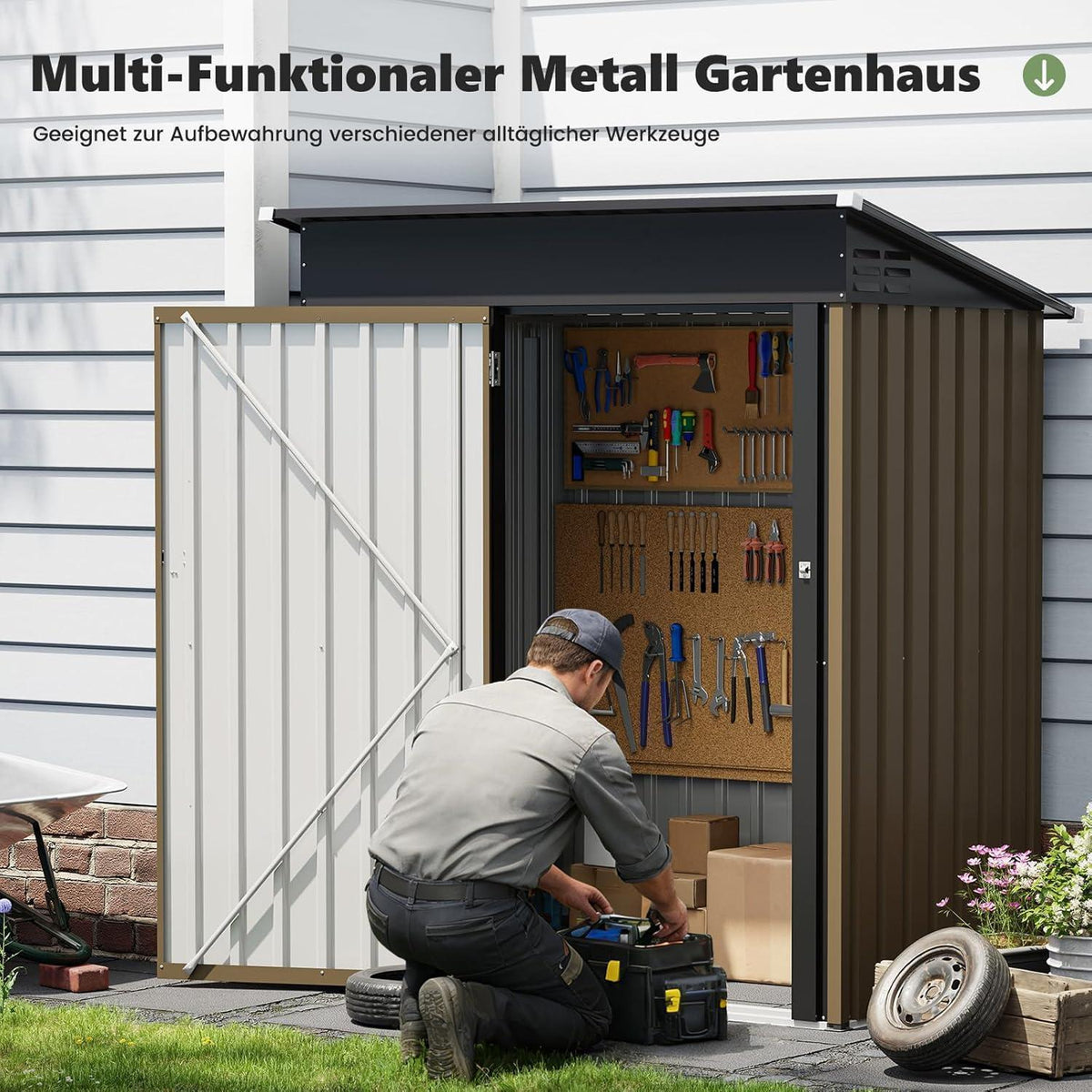 Metall Gartenhaus 1,5 m² Pultdach – Braun