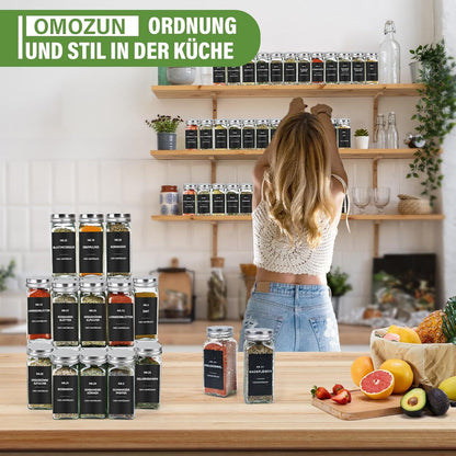 24er Gewürzgläser Set: Eckig 120ml + Etiketten Streueinsatz - Aufbewahrung Küche