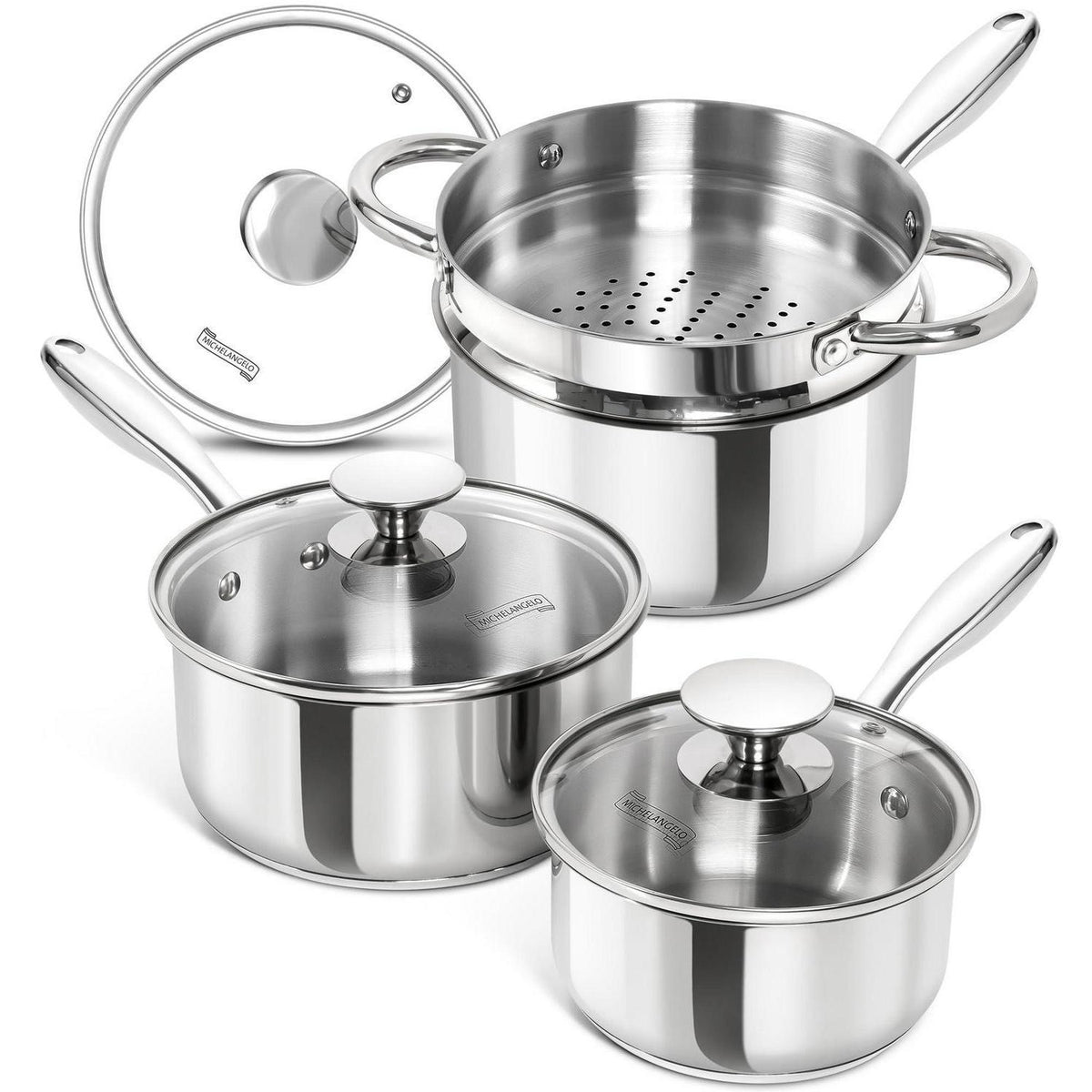 7-teiliges Edelstahl Kochtopf-Set mit Dampfgarer