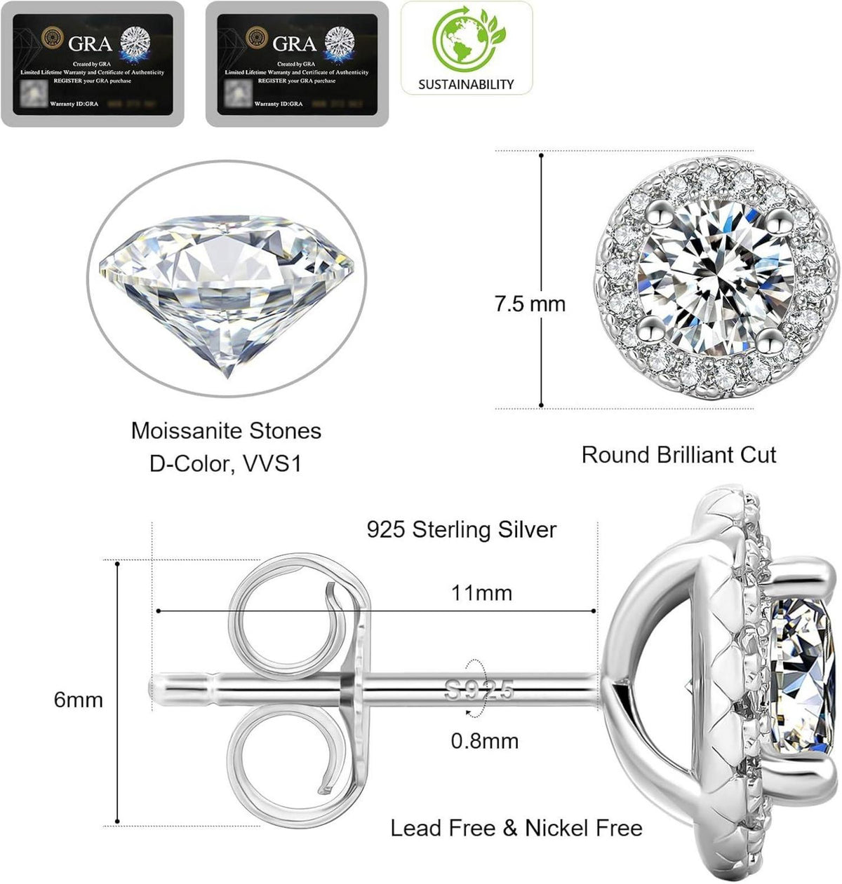 Damen Moissanite Ohrringe 925 Silber Weißgold vergoldet 1,0 Karat runde Halo
