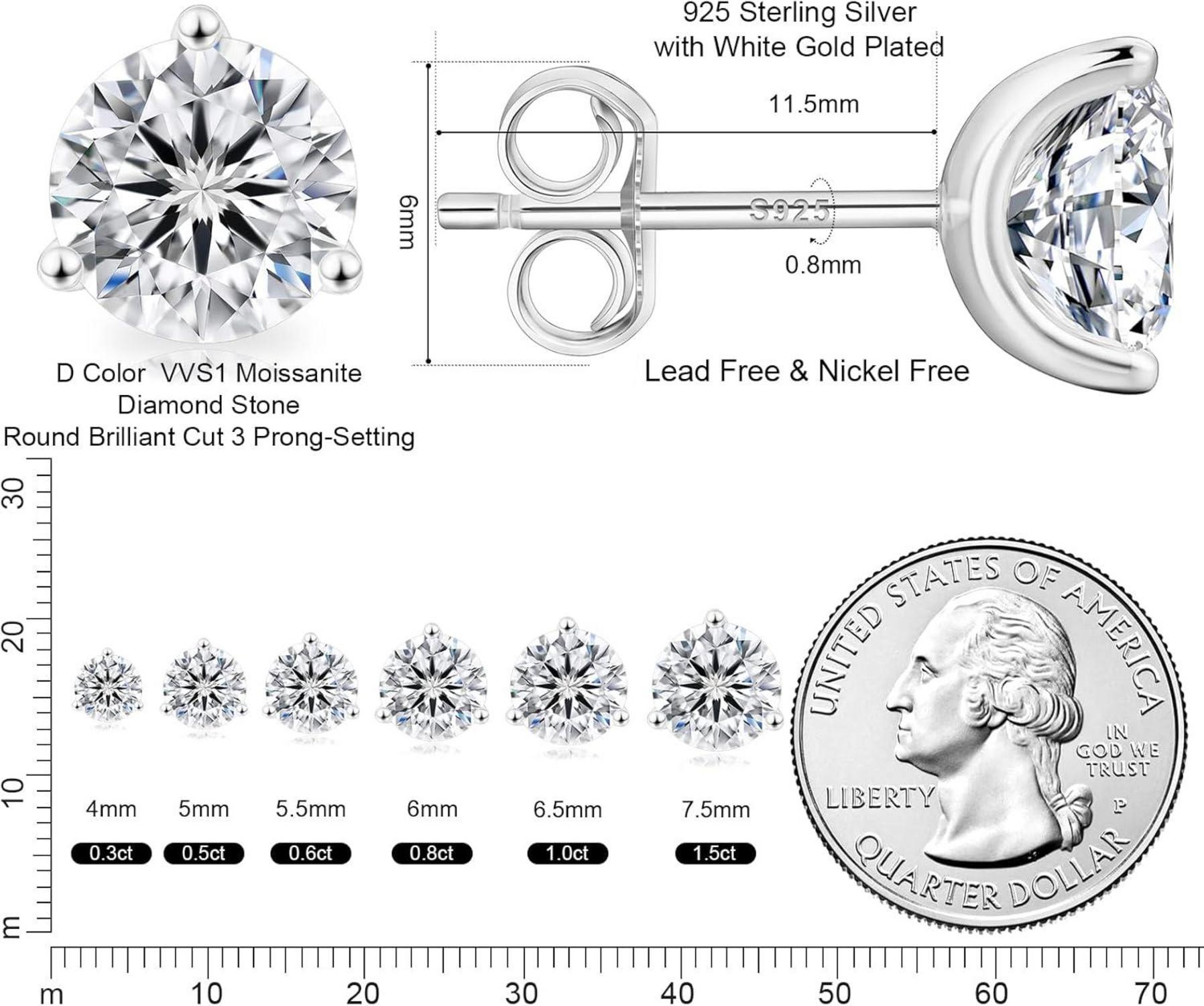 Moissanite Ohrringe Silber 925 Damen VVS1 D 4,0mm 0,6ctw 0,30ct 3-Krappen