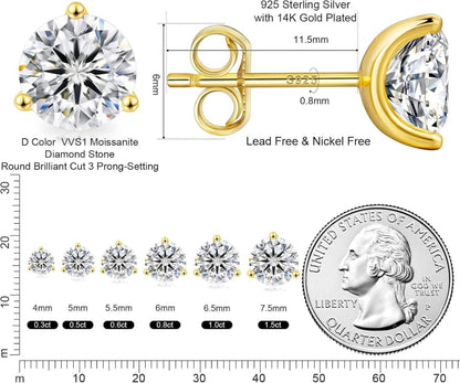 KRKC&CO Moissanit Diamant Ohrstecker 925 Silber Damen allergiefrei 0,6 Karat Gold 3-Krappen