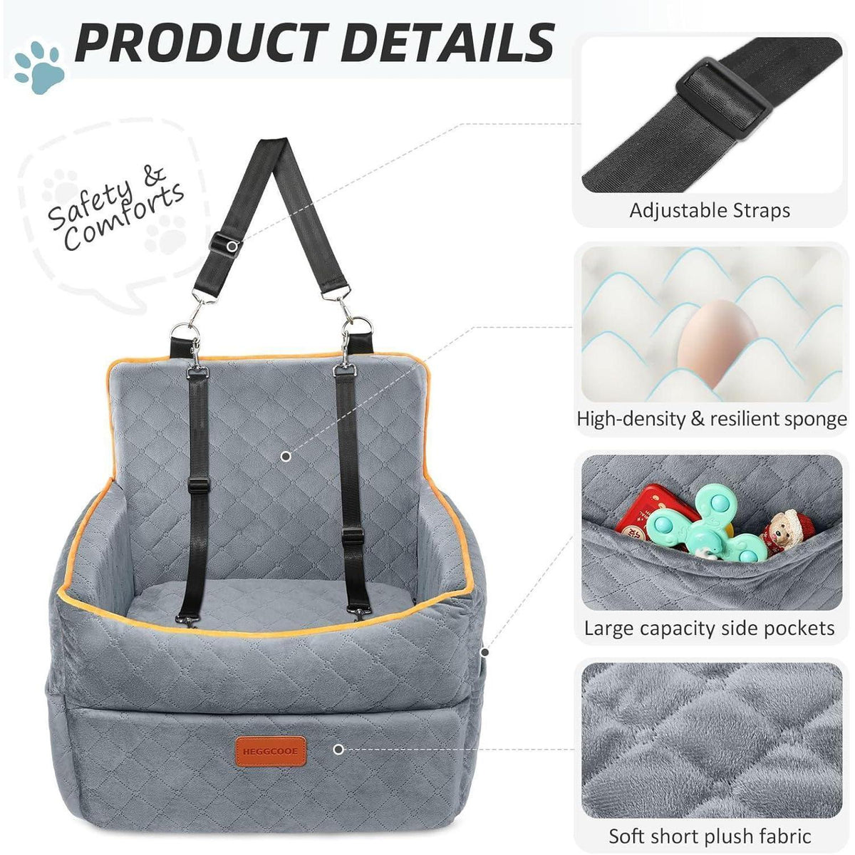 Hunde Autositz mit Leine & Taschen – Grau, Komfort & Sicherheit