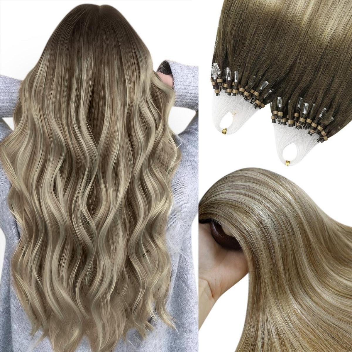 Echthaar Microring Extensions Braun Balayage Blond 55cm