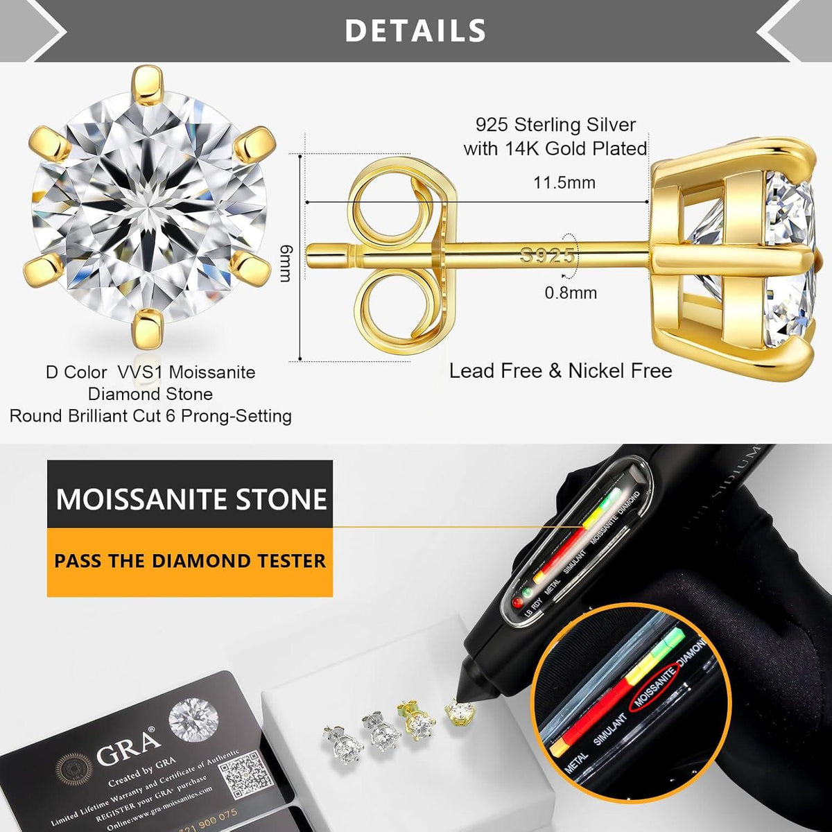 Moissanite Ohrringe 925 Silber Damen VVS1 D 14K Gold 6,0 mm