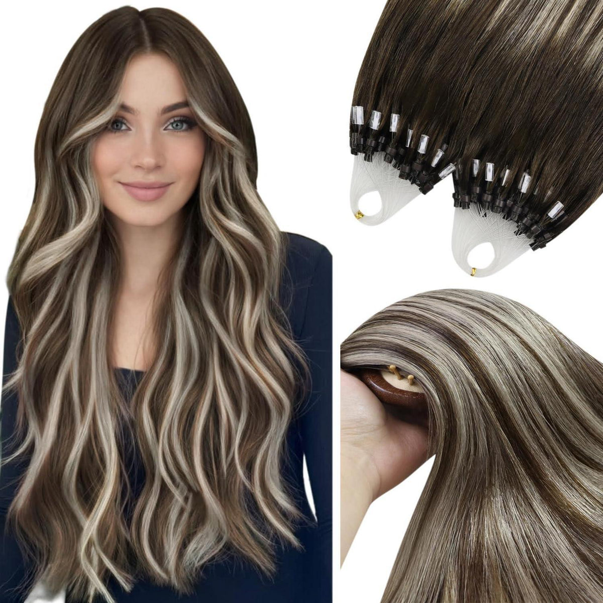 Echthaar Microring Extensions Ombre Dunkelbraun-Blond 45cm
