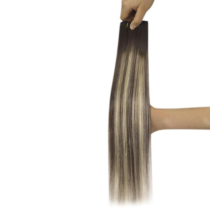 Echthaar Tressen Ombre Braun Aschblond 45cm Weft Extensions
