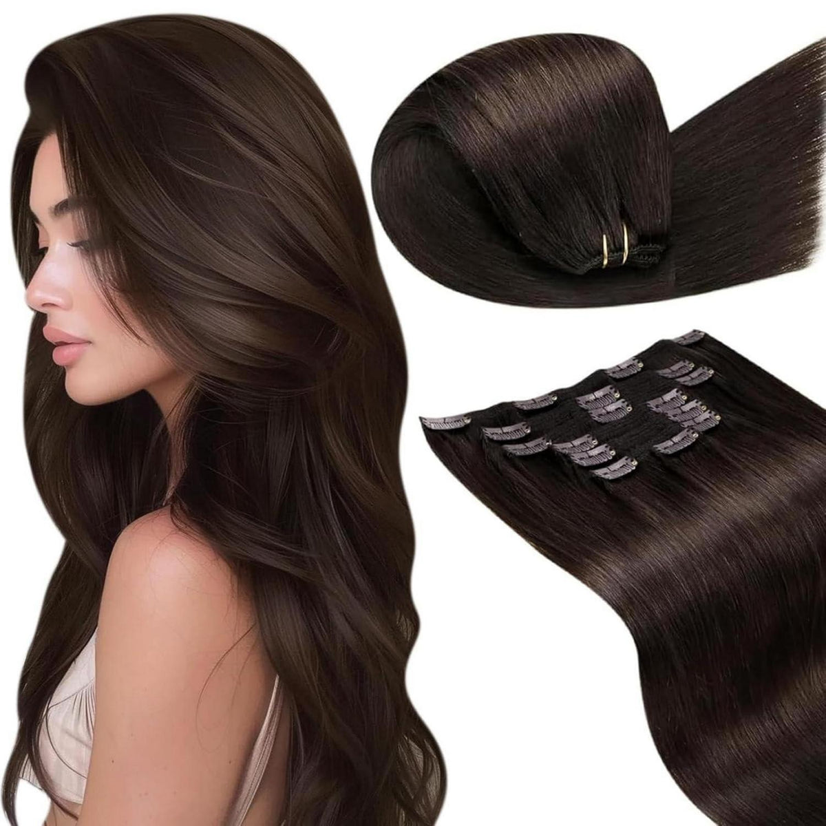 Dunkelbraune Echthaar Clip Extensions - 45cm, 7-tlg.